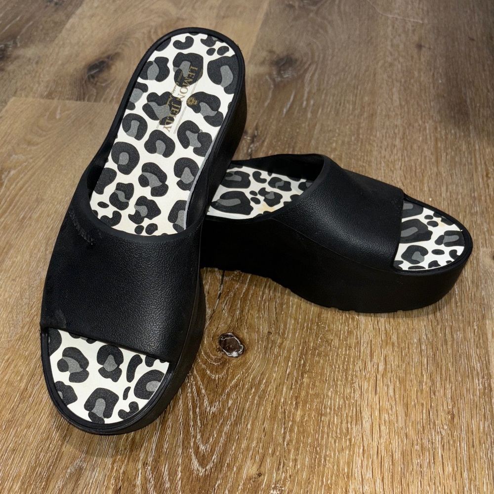 Black Platform Slide Sandals with Leopard Insole